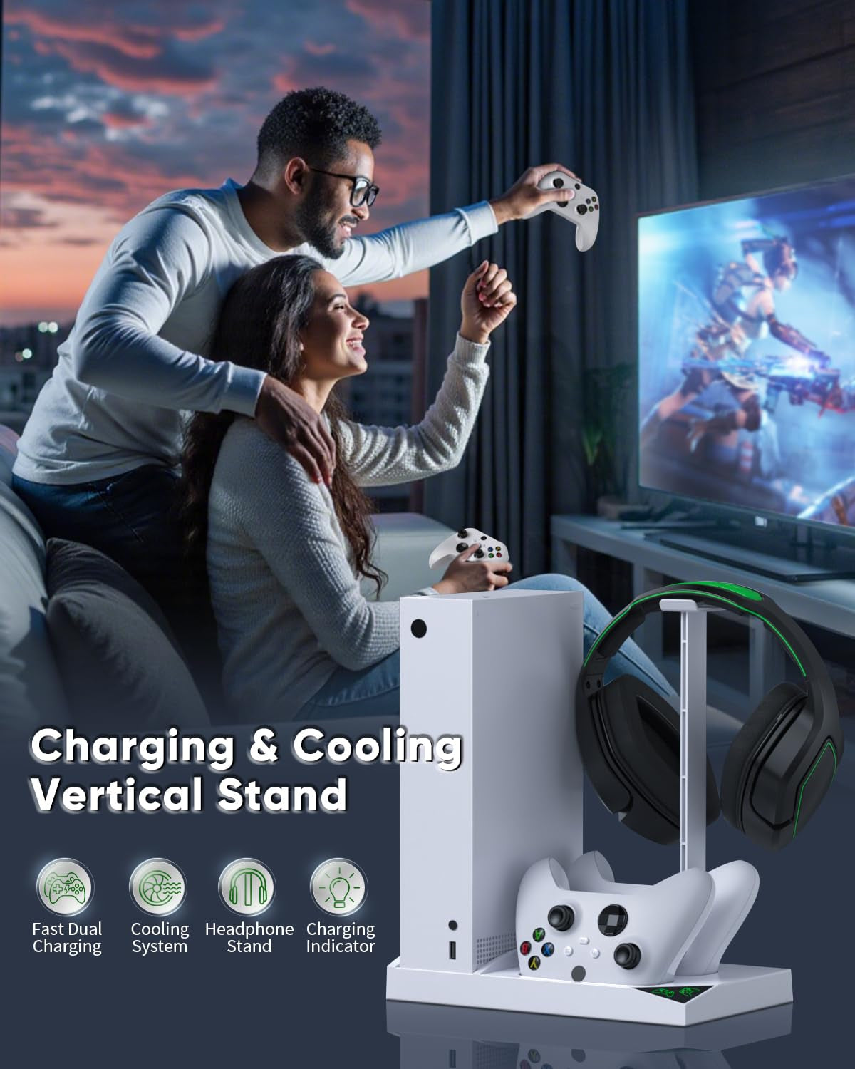 Charger Stand Cooling Fan for Xbox Series S Console & Controller,Vertical Dual Cooler System Charging Dock Accessories with 2 X 1400Mah Rechargeable Battery & Cover,Earphone Bracket for Xbox Series S